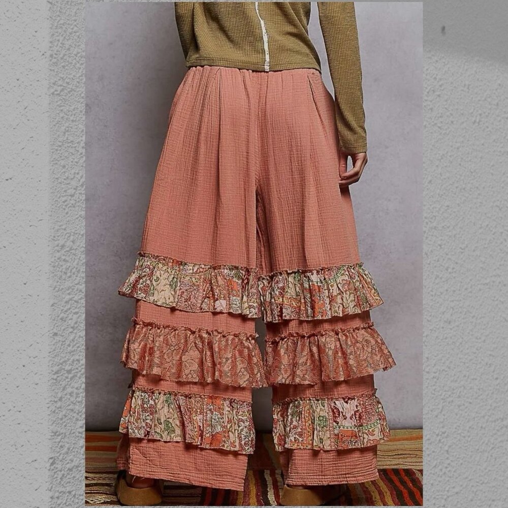POL Flowy Wide Leg Palazzo Ruffle Salmon Pink Pants Boho Western Size L Gauze - Picture 2 of 11